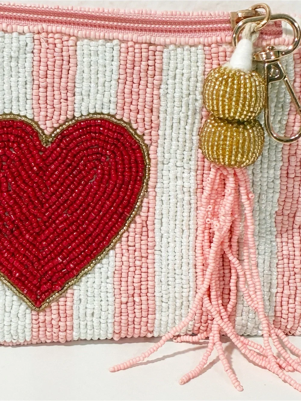 Made in India Pink White Stripe Red Hearts Beaded Clutch Wristlet